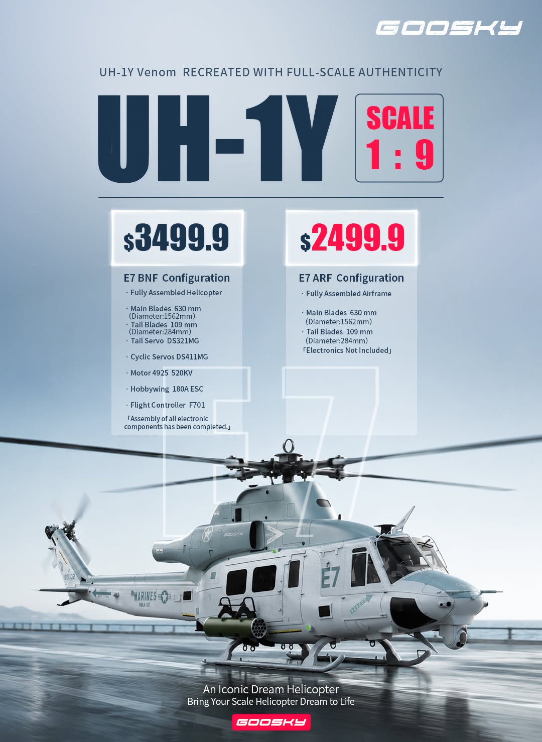 Goosky E7 UH-1Y Venom Scale RC Helicopter Kit - BNF070002