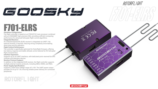 GT040268 / GT040269 – Goosky F701-ELRS Rotorflight Flight Controller (F722 + Built-in ELRS)