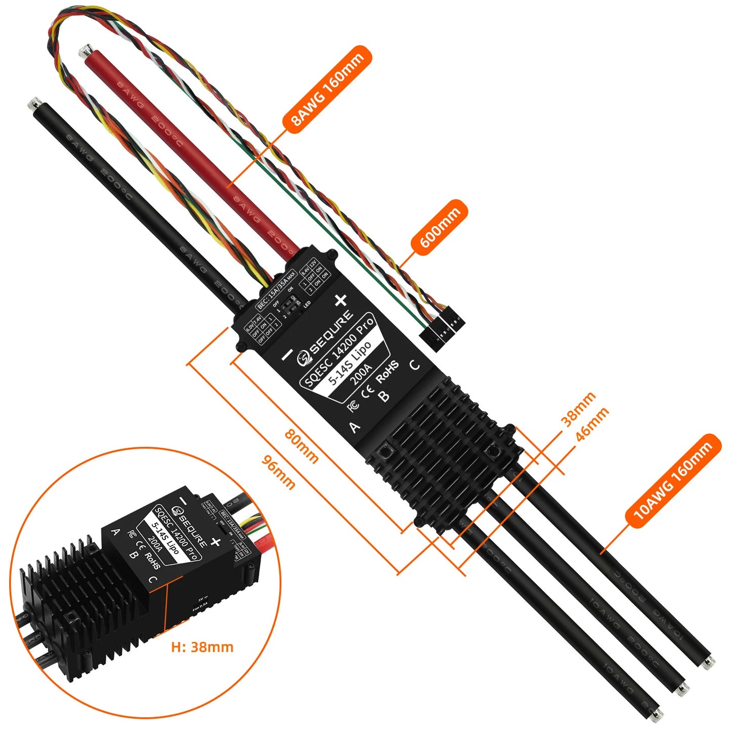 SEQURE SQESC 14200 Pro Brushless ESC 5-14S 200A ESCape32 15A/35A 12V BEC