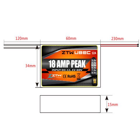 ZTW-UBEC12A  ZTW UBEC 12a Cont. 18a. Peak Max 14s(60v) Adjustable 5.0-8.0v Output