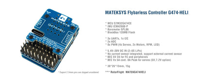 MAT-G474-HELI MATEK Mateksys RC HELICOPTER FLYBARLESS CONTROLLER G474-HELI STM32G474, ICM42688P, SPL06L, 2x BEC, Rotorflight