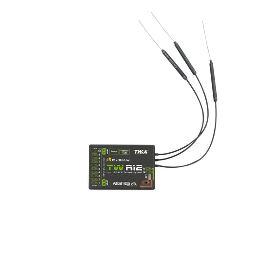 FSK-03022033 FrSky TW R12 Dual 2.4G, Configurable ports, triple antennas, and dual XT30 power input connectors